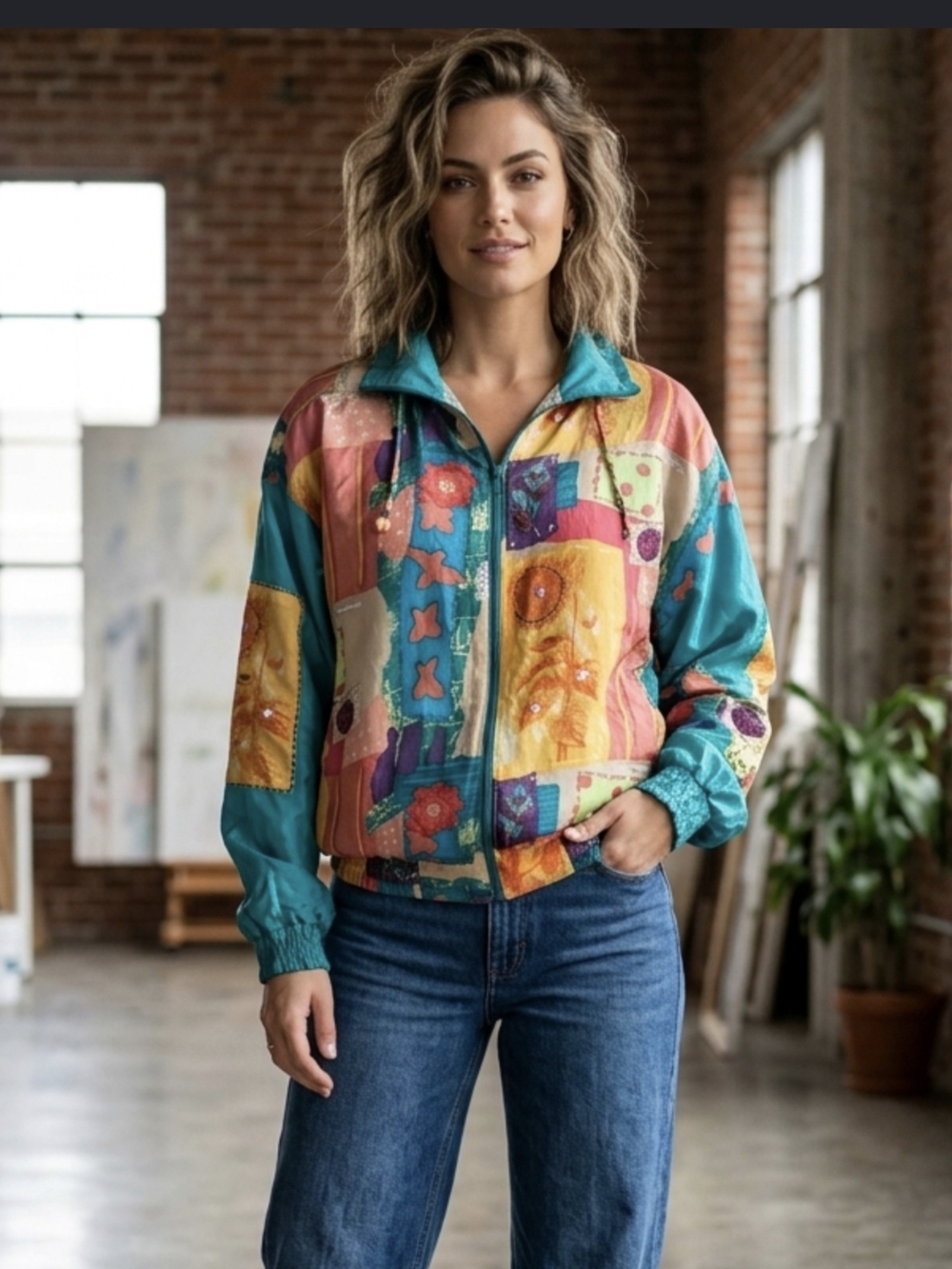 Oleg Cassini Teal Multi Patchwork Bomber Jacket
